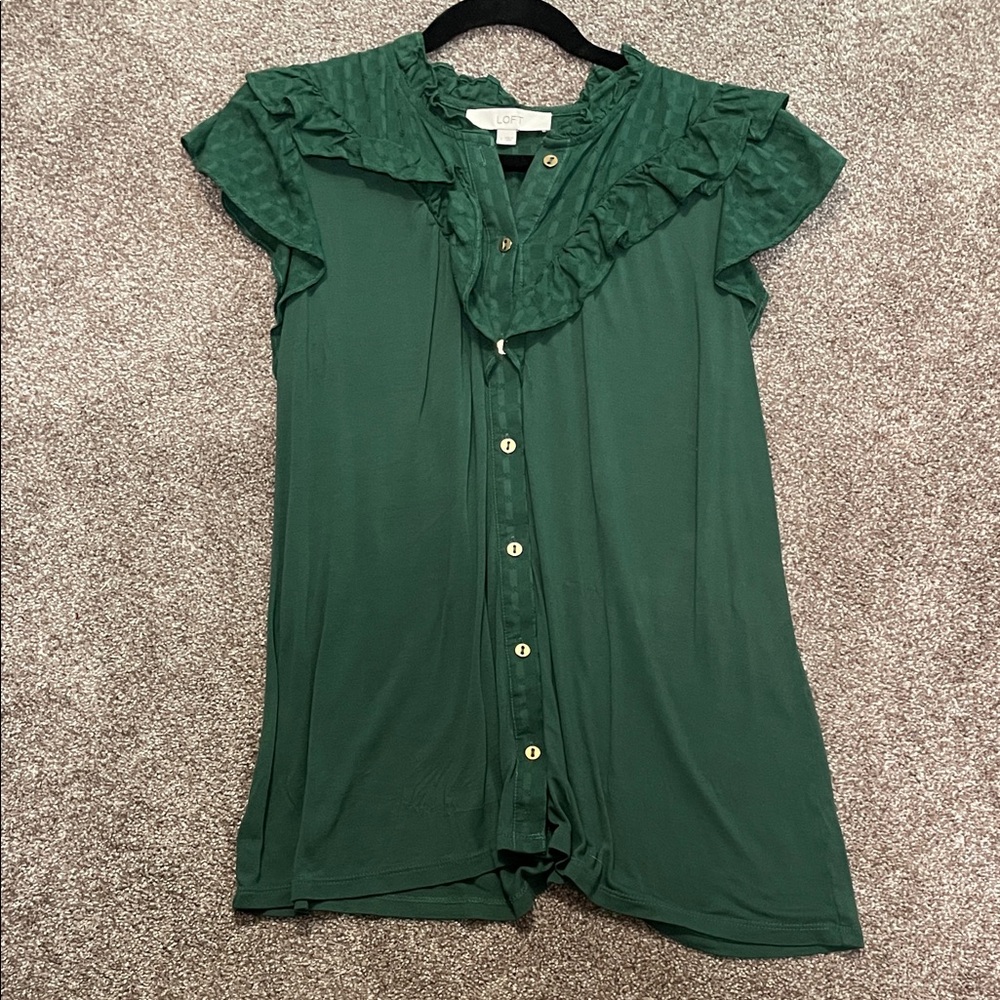 LOFT Emerald Ruffle Button-Up Blouse